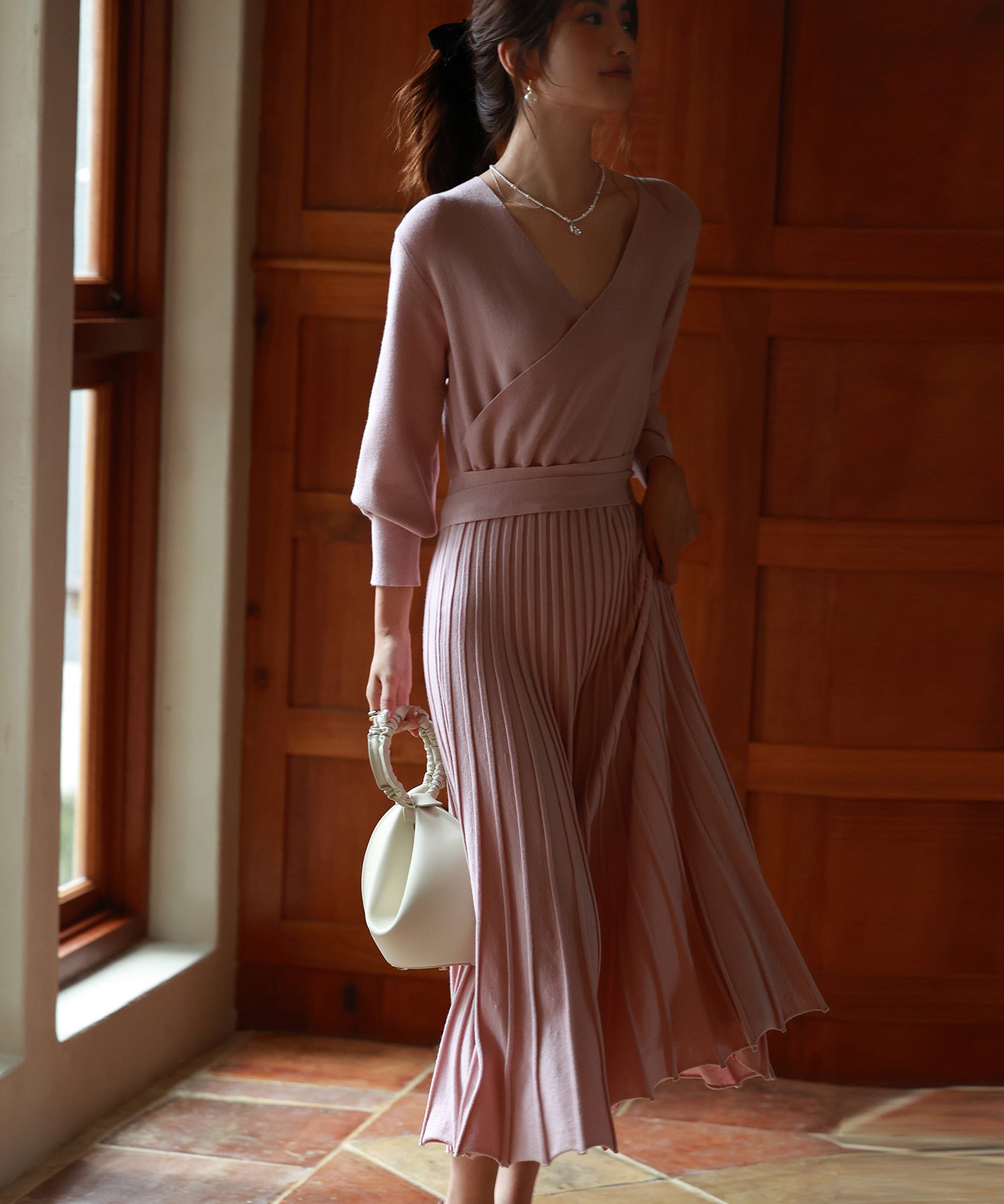 マトンスリーブカシュクールニットワンピースsdpxyf7005 ピンク