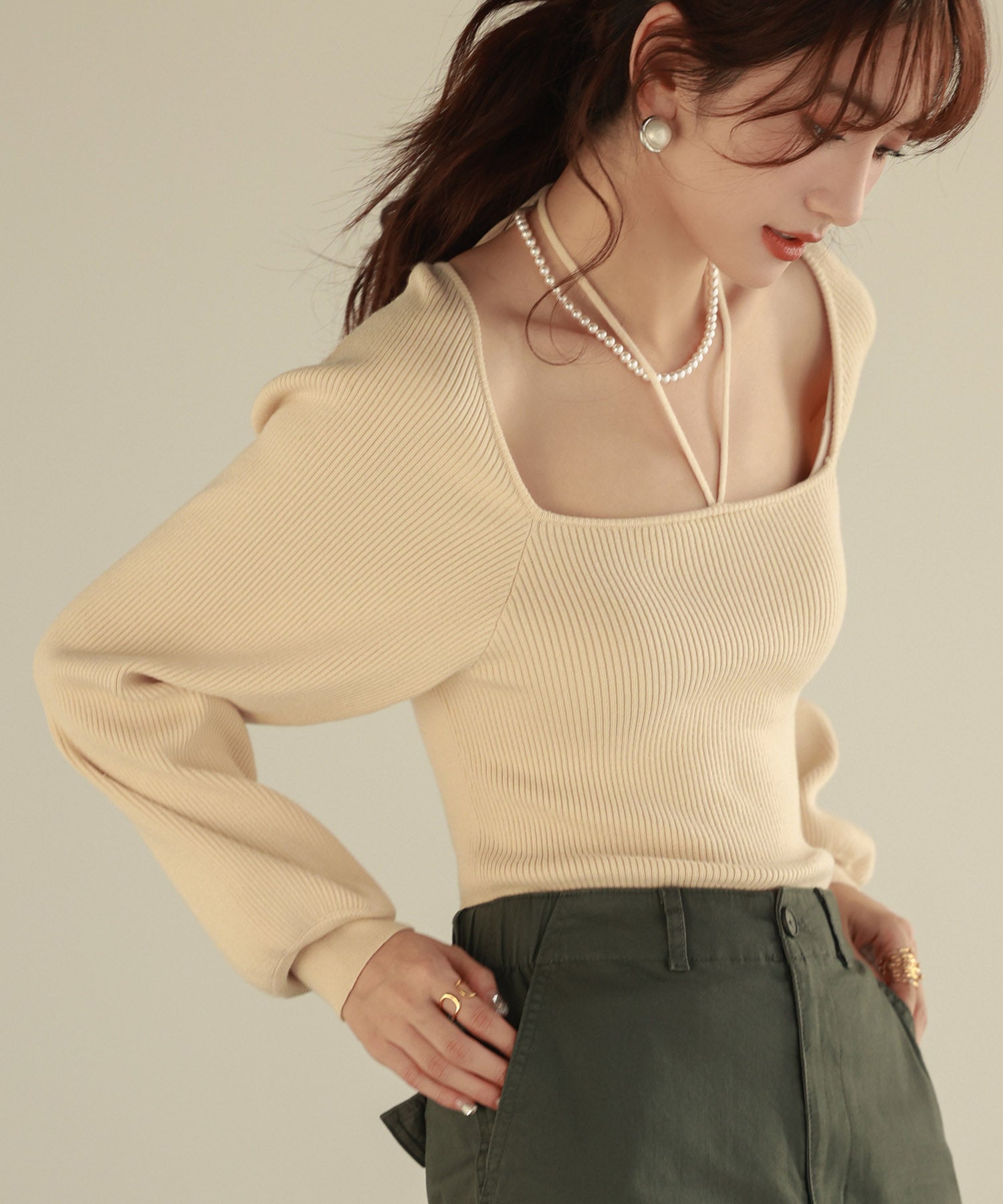 フロントリボンボリュームスリーブニットプルオーバーsdpxyf8121