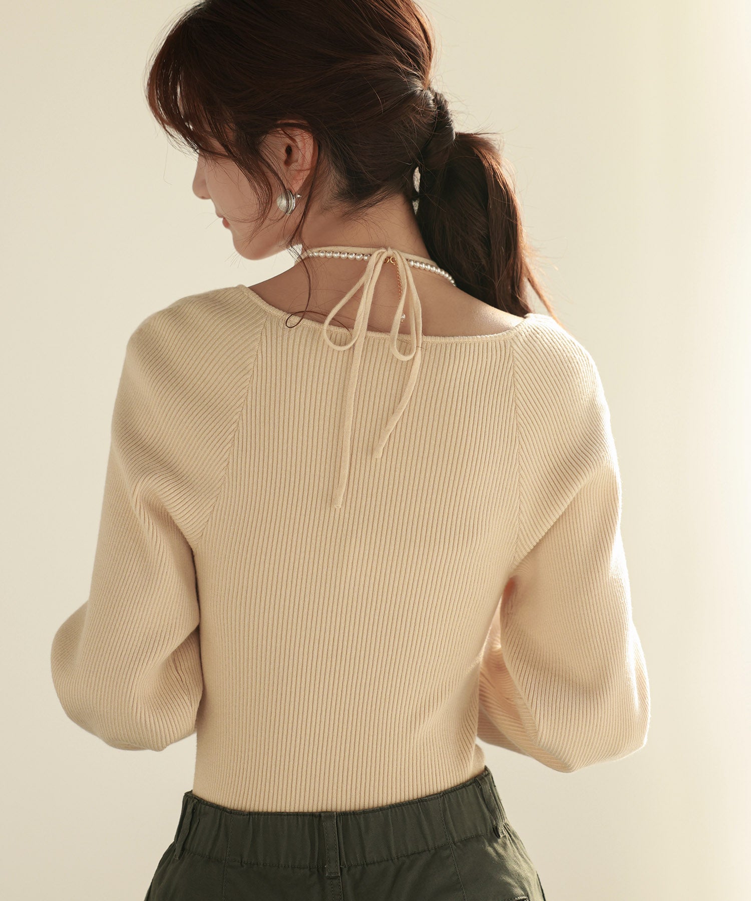 フロントリボンボリュームスリーブニットプルオーバーsdpxyf8121